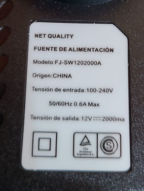 FUENTE SWITCHING NET QUALITY 12V, 2 AMP MODELO (FJ-SW1202000A)